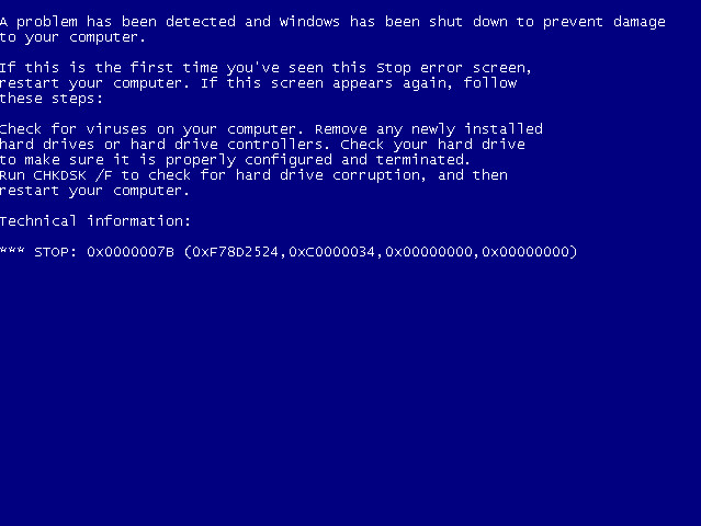 causa para lograr la pantalla azul de Windows XP